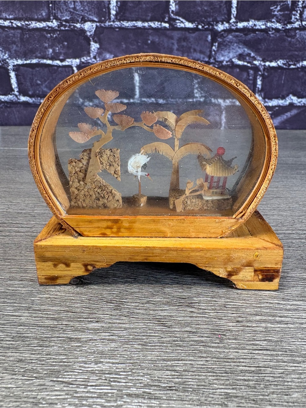 Vintage Chinese Cork Miniature Diorama with Crane and Pagoda